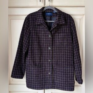 Liz Claiborne Black/Purple Plaid Button-Front Pea Coat/Blazer Wool blend. Med